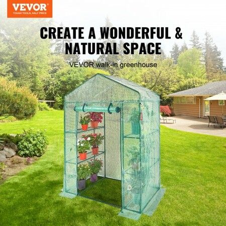 Walk-in Green House, 4.6 x 2.4 x  6.7 ft  Greenhouse with Shelves, Set Up in Minutes, High Strength PE Cover with Doors & Windows and Steel Frame, Suitable for Planting and Storage, Green