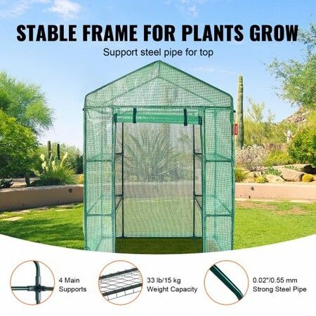 Walk-in Green House, 4.6 x 2.4 x  6.7 ft  Greenhouse with Shelves, Set Up in Minutes, High Strength PE Cover with Doors & Windows and Steel Frame, Suitable for Planting and Storage, Green