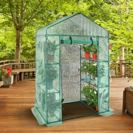 Walk-in Green House, 4.6 x 2.4 x  6.7 ft  Greenhouse with Shelves, Set Up in Minutes, High Strength PE Cover with Doors & Windows and Steel Frame, Suitable for Planting and Storage, Green