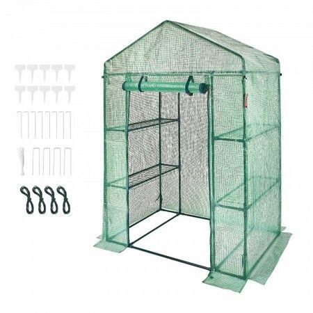 Walk-in Green House, 4.6 x 2.4 x  6.7 ft  Greenhouse with Shelves, Set Up in Minutes, High Strength PE Cover with Doors & Windows and Steel Frame, Suitable for Planting and Storage, Green