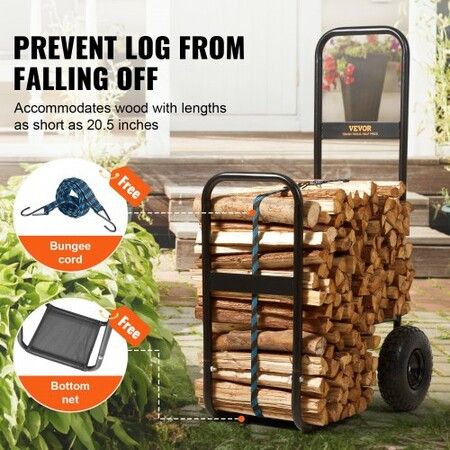 Firewood Log Cart, 113 kg Load Capacity, Outdoor and Indoor Wood Rack Storage Mover with Pneumatic Rubber Wheels, Heavy Duty Steel Dolly Hauler, Firewood Carrier for Fireplace, Fire Pit, Black