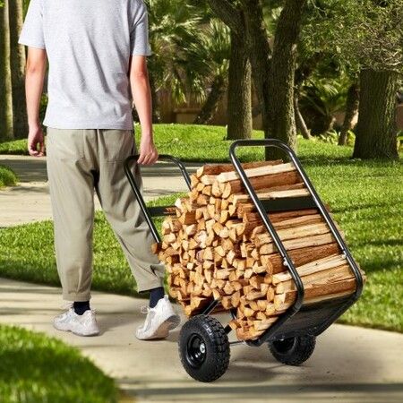 Firewood Log Cart, 113 kg Load Capacity, Outdoor and Indoor Wood Rack Storage Mover with Pneumatic Rubber Wheels, Heavy Duty Steel Dolly Hauler, Firewood Carrier for Fireplace, Fire Pit, Black