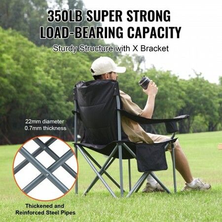 Camping Folding Chair for Adults, Portable Heavy Duty Outdoor Quad Lumbar Back Padded Arm Chairs with Side Pockets, Cup Holder and Cooler Bag for Beach, Lawn, Picnic, Fishing, Backpacking, Black