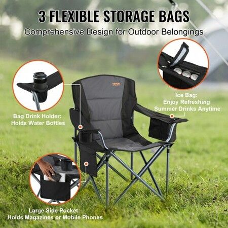 Camping Folding Chair for Adults, Portable Heavy Duty Outdoor Quad Lumbar Back Padded Arm Chairs with Side Pockets, Cup Holder and Cooler Bag for Beach, Lawn, Picnic, Fishing, Backpacking, Black