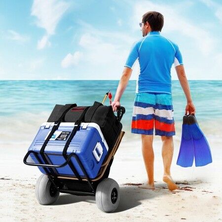 Beach Dolly with Big Wheels for Sand, 20.1" x 14.6" Cargo Deck, w/ 9" Balloon Wheels, 165LBS Loading Capacity Folding Sand Cart & 27.2" to 44.9" Adjustable Height, Heavy Duty Cart for Beach