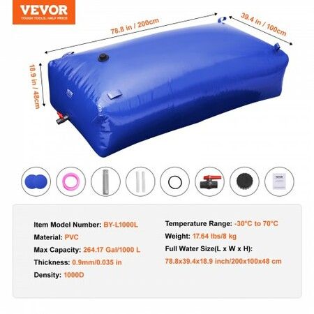 Portable Water Storage Bladder 264 Gal 1000D PVC Collapsible Water Tank