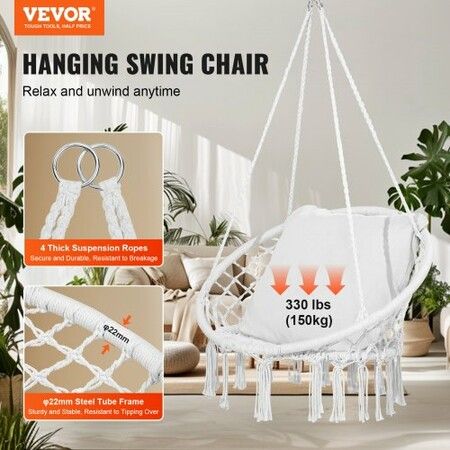 Hammock Swinging Chair Macramé Hanging Chair with Cushion Indoor & Outdoor