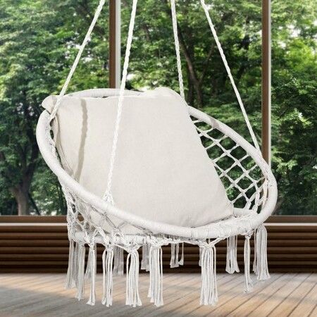 Hammock Swinging Chair Macramé Hanging Chair with Cushion Indoor & Outdoor