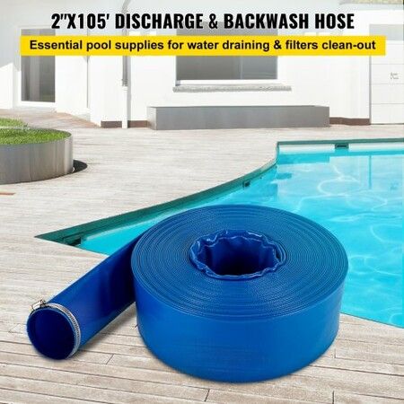 Discharge Hose, 51 mm x 32 m, PVC Fabric Lay Flat Hose, Heavy Duty Backwash Drain Hose with Clamps, Weather-proof & Burst-proof, Ideal for Swimming Pool & Water Transfer, Blue