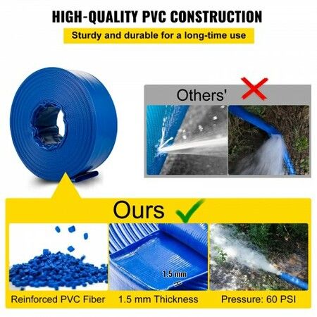 Discharge Hose, 51 mm x 32 m, PVC Fabric Lay Flat Hose, Heavy Duty Backwash Drain Hose with Clamps, Weather-proof & Burst-proof, Ideal for Swimming Pool & Water Transfer, Blue