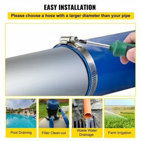 Discharge Hose, 51 mm x 32 m, PVC Fabric Lay Flat Hose, Heavy Duty Backwash Drain Hose with Clamps, Weather-proof & Burst-proof, Ideal for Swimming Pool & Water Transfer, Blue