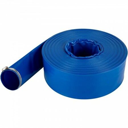 Discharge Hose, 51 mm x 32 m, PVC Fabric Lay Flat Hose, Heavy Duty Backwash Drain Hose with Clamps, Weather-proof & Burst-proof, Ideal for Swimming Pool & Water Transfer, Blue