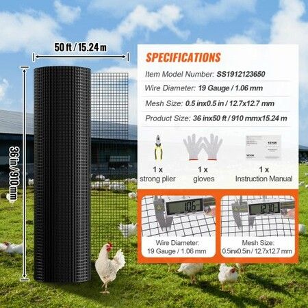 Hardware Cloth, 36'' x 50' Galvanized Wire Mesh Roll, 19 Gauge Chicken Wire Fence Roll, Vinyl Coating Metal Wire Mesh for Chicken Coop Barrier, Rabbit Snake Fences, Poultry Enclosures