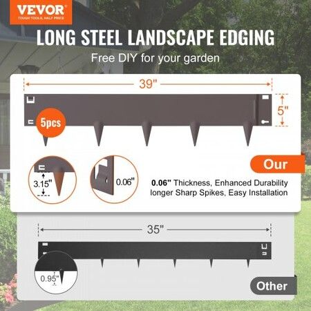 Steel Landscape Edging, 5-pack Steel Garden Edging Borders, 39" L x 5" H Strips, Hammer-in Edging Border, Bendable Metal Landscape Edging for Yard, Garden, Lawn, 3.15" Spike Height, Rustic Brown