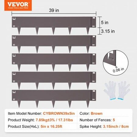Steel Landscape Edging, 5-pack Steel Garden Edging Borders, 39" L x 5" H Strips, Hammer-in Edging Border, Bendable Metal Landscape Edging for Yard, Garden, Lawn, 3.15" Spike Height, Rustic Brown