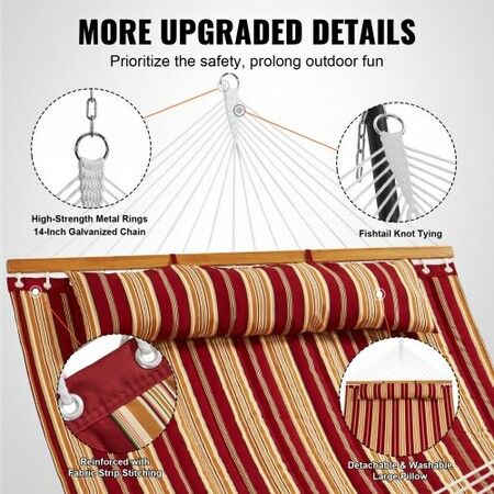 Double Quilted Fabric Hammock, 12 FT Double Hammock with Hardwood Spreader Bars, 2 Person Quilted Hammock with Detachable Pillow and Chains for Camping Outdoor Patio Yard Beach, 480 lbs Capacity