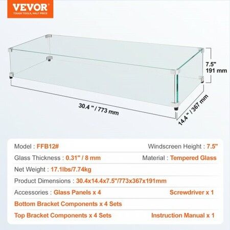 Glass Wind Guard for Rectangular Fire Pit Table 773 x 367 x 191 mm, 8mm Thick and Sturdy Tempered Glass Panel with Hard Aluminum Corner Bracket & Rubber Feet, Easy to Assemble