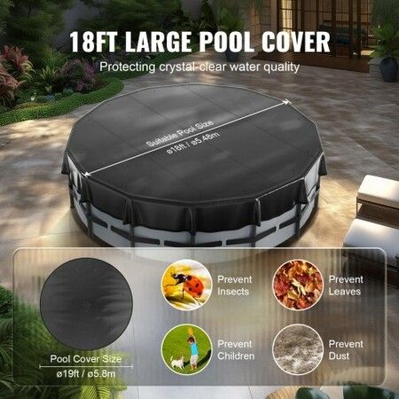 5.49m Round Pool Cover, Solar Covers for Above Ground Pools, Safety Pool Cover with Drawstring Design, PVC Winter Pool Cover, Waterproof and Dustproof, Black