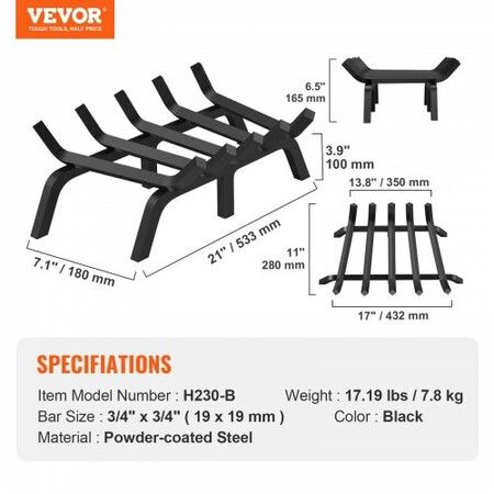 Fireplace Log Grate, 533.4mm Heavy Duty Fireplace Grate with 6 Support Legs, 19.05mm Solid Powder-coated Steel Bars, Log Firewood Burning Rack Holder for Indoor and Outdoor Fireplace