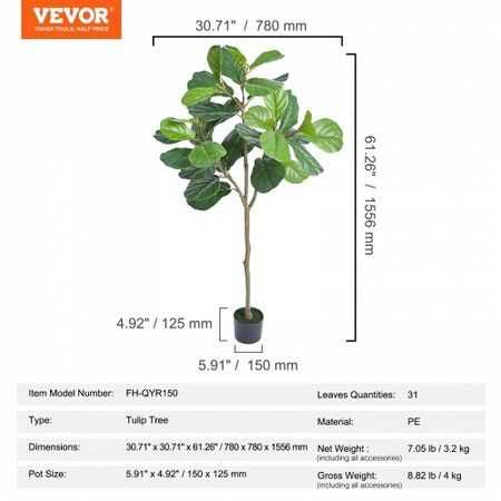 Artificial Fiddle Leaf Fig Tree, 12.7cm, Secure PE Material & Anti-Tip Tilt Protection Low-Maintenance Faux Plant, Lifelike Green Fake Potted Tree for Home Office Warehouse Decor Indoor Outdoor