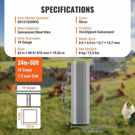 Hardware Cloth, 12.7mm 610mm×15.24m 19 Gauge, Hot Dipped Galvanized Wire Mesh Roll, Chicken Wire Fencing, Wire Mesh for Rabbit Cages, Garden, Small Rodents