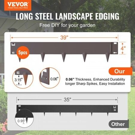 Steel Landscape Edging, 5-pack Steel Garden Edging Borders, 39" L x 4" H Strips, Hammer-in Edging Border, Bendable Metal Landscape Edging for Yard, Garden, 3.15" Spike Height, Rustic Brown