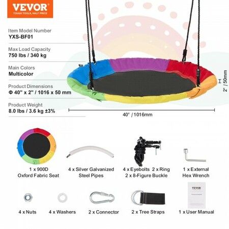 Tree Swing 40In Saucer Swing 750lbs Weight Capacity 900D Oxford Multicolor