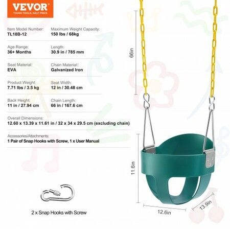 Toddler Swing Seat High Back Full Bucket Baby Swing Seat Support 150 lbs