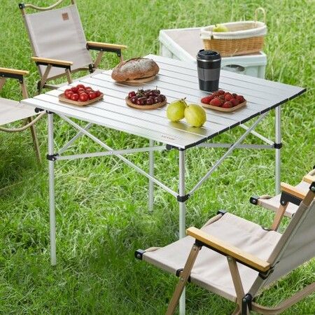 Folding Camping Table, Outdoor Portable Side Tables, Lightweight Fold Up Table, Aluminum Ultra Compact Work Table with Carry Bag, For Cooking, Beach, Picnic, Travel, 24x16 inch, Silver