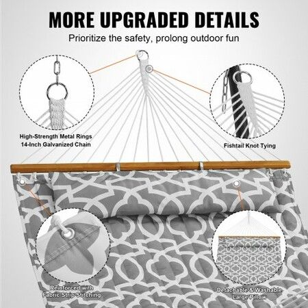 Double Quilted Fabric Hammock, 12 FT Double Hammock with Hardwood Spreader Bars, 2 Person Quilted Hammock with Detachable Pillow and Chains for Camping Outdoor Patio Yard Beach, 480 lbs Capacity