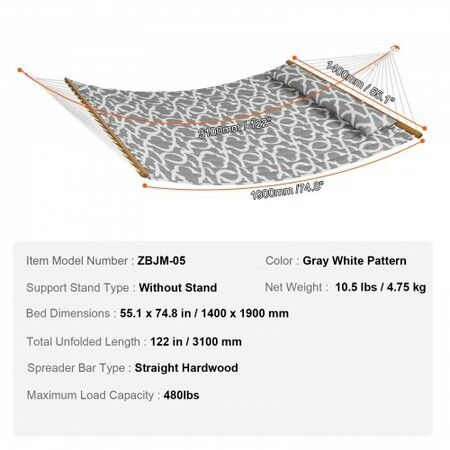 Double Quilted Fabric Hammock, 12 FT Double Hammock with Hardwood Spreader Bars, 2 Person Quilted Hammock with Detachable Pillow and Chains for Camping Outdoor Patio Yard Beach, 480 lbs Capacity