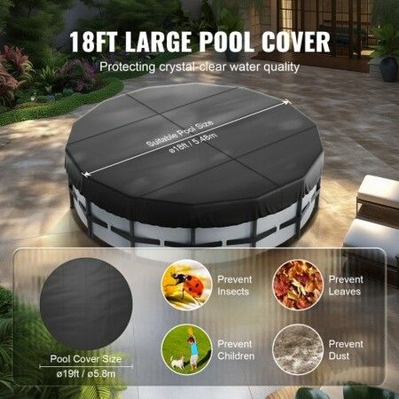 5.49m Round Pool Cover, Solar Covers for Above Ground Pools, Safety Pool Cover with Drawstring Design, 420D Oxford Fabric Winter Pool Cover, Waterproof and Dustproof, Black