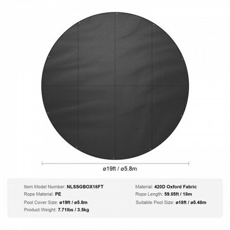 5.49m Round Pool Cover, Solar Covers for Above Ground Pools, Safety Pool Cover with Drawstring Design, 420D Oxford Fabric Winter Pool Cover, Waterproof and Dustproof, Black