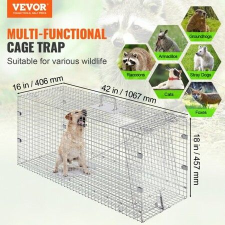 Live Animal Cage Trap 42" x 16" x 18" Humane Cat Trap Cats Squirrels Mouse