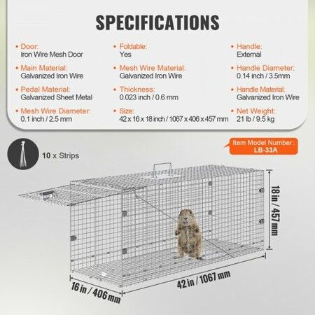 Live Animal Cage Trap 42" x 16" x 18" Humane Cat Trap Cats Squirrels Mouse