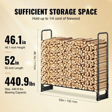 4.3FT Outdoor Firewood Rack with Cover, 52x14.2x46.1 in, Heavy Duty Firewood Holder & 600D Oxford Waterproof Cover for Fireplace, Patio, Indoor/Outdoor Log Storage Rack for 1/4 Cord of Firewood