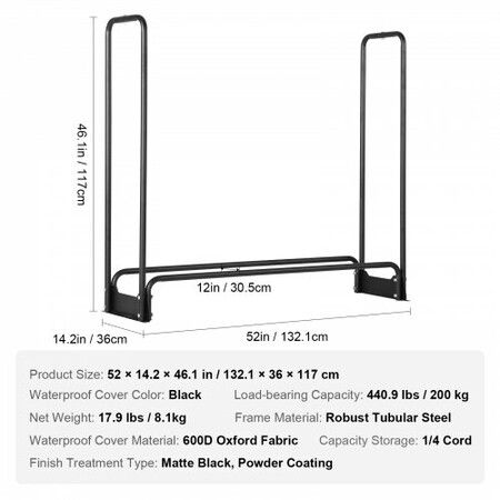 4.3FT Outdoor Firewood Rack with Cover, 52x14.2x46.1 in, Heavy Duty Firewood Holder & 600D Oxford Waterproof Cover for Fireplace, Patio, Indoor/Outdoor Log Storage Rack for 1/4 Cord of Firewood