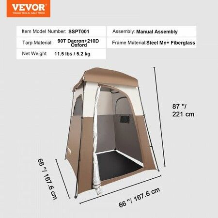 Camping Shower Tent, 66" x 66" x 87" 1 Room Oversize Outdoor Portable Shelter, Privacy Tent with Detachable Top, Pockets, Hanging Rope and Clothesline, for Dressing, Changing, Toilet, Bathroom