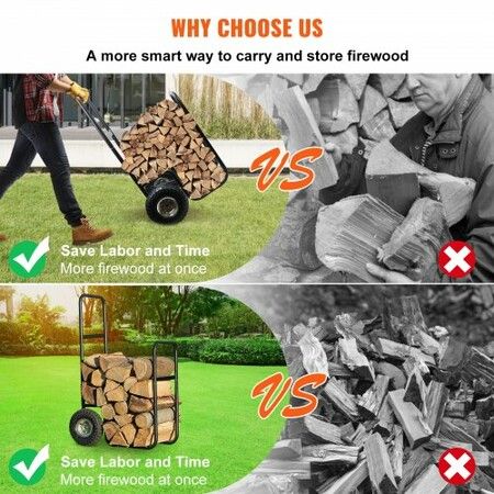 Firewood Cart, 220 lbs Weight Capacity, Wood Carrier with Wheels, Binding Rope and Water-Proof Tarp, Utility Log Rack for Storage and Move, Dolly Hauler for Indoor and Outdoor Fireplace, Black