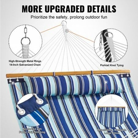 Double Quilted Fabric Hammock, 12 FT Double Hammock with Hardwood Spreader Bars, 2 Person Quilted Hammock with Detachable Pillow and Chains for Camping Outdoor Patio Yard Beach, 480 lbs Capacity