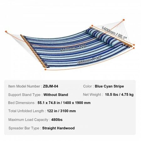 Double Quilted Fabric Hammock, 12 FT Double Hammock with Hardwood Spreader Bars, 2 Person Quilted Hammock with Detachable Pillow and Chains for Camping Outdoor Patio Yard Beach, 480 lbs Capacity