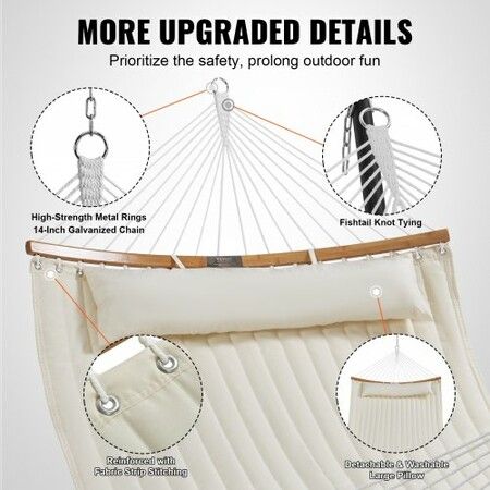 Double Quilted Fabric Hammock, 12 FT Double Hammock with Curved Spreader Bars, 2 Person Quilted Hammock with Detachable Pillow and Chains for Camping Outdoor Patio Yard Beach, 480 lbs Capacity