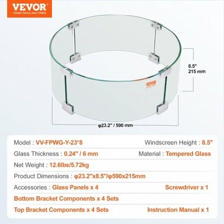 Fire Pit Wind Guard, 23 x 23 x 8 Inch Glass Flame Guard, Round Glass Shield, 1/4-Inch Thick Fire Table, Clear Tempered Glass Flame Guard, Aluminum Alloy Feet for Propane, Gas, Outdoor