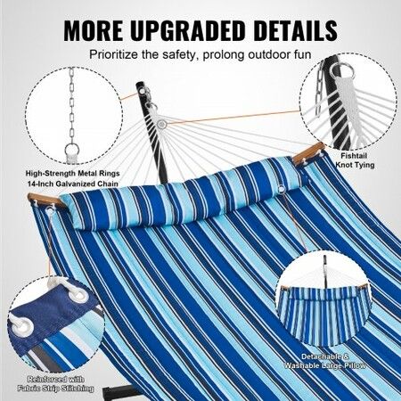 Two Person Hammock with Stand Included, Double Hammock with Curved Spreader Bar and Detachable Pillow and Portable Carrying Bag, Perfect for Outdoor Freestanding Hammock, 480lb Capacity