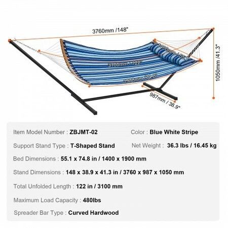 Two Person Hammock with Stand Included, Double Hammock with Curved Spreader Bar and Detachable Pillow and Portable Carrying Bag, Perfect for Outdoor Freestanding Hammock, 480lb Capacity