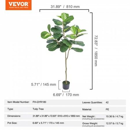 Artificial Fiddle Leaf Fig Tree, 15.2cm, Secure PE Material & Anti-Tip Tilt Protection Low-Maintenance Faux Plant, Lifelike Green Fake Potted Tree for Home Office Warehouse Decor Indoor Outdoor