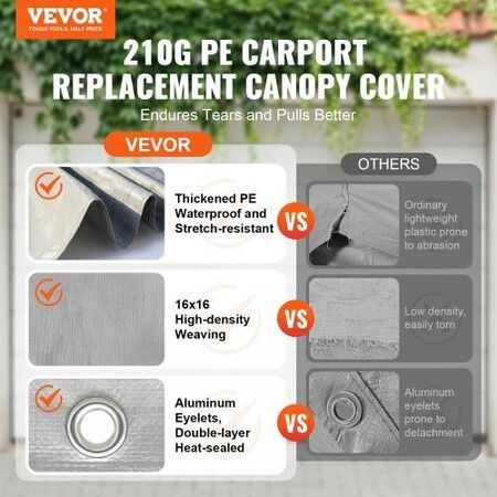 Carport Replacement Canopy Cover 13 x 20 ft, Garage Top Tent Shelter Tarp Heavy-Duty Waterproof & UV Protected, Easy Installation with Ball Bungees,Grey (Only Top Cover, Frame Not Include)