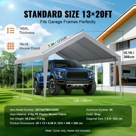 Carport Replacement Canopy Cover 13 x 20 ft, Garage Top Tent Shelter Tarp Heavy-Duty Waterproof & UV Protected, Easy Installation with Ball Bungees,Grey (Only Top Cover, Frame Not Include)