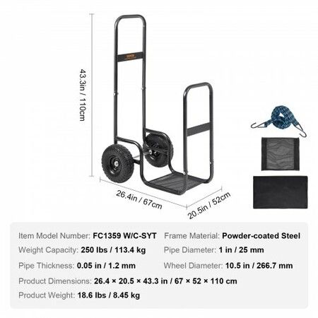 Firewood Log Cart Wood Mover Hauler 250 lbs Capacity on PU Wheels Dolly