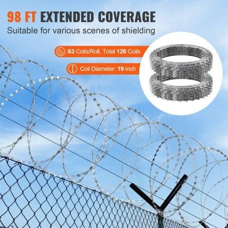 Razor Wires, 98 ft Razor Barbed Wire, 2 Rolls Razor Wire Fencing Razor Fence, Double Spiral Razor Ribbon Barbed Wire Galvanized Razor Wire Fence, Rolls Razor for Garden